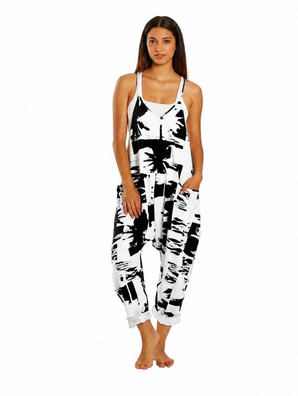 Free People Movement Hot Shot Printed Onesie Black White Tie-Dye Jumpsuit Small
